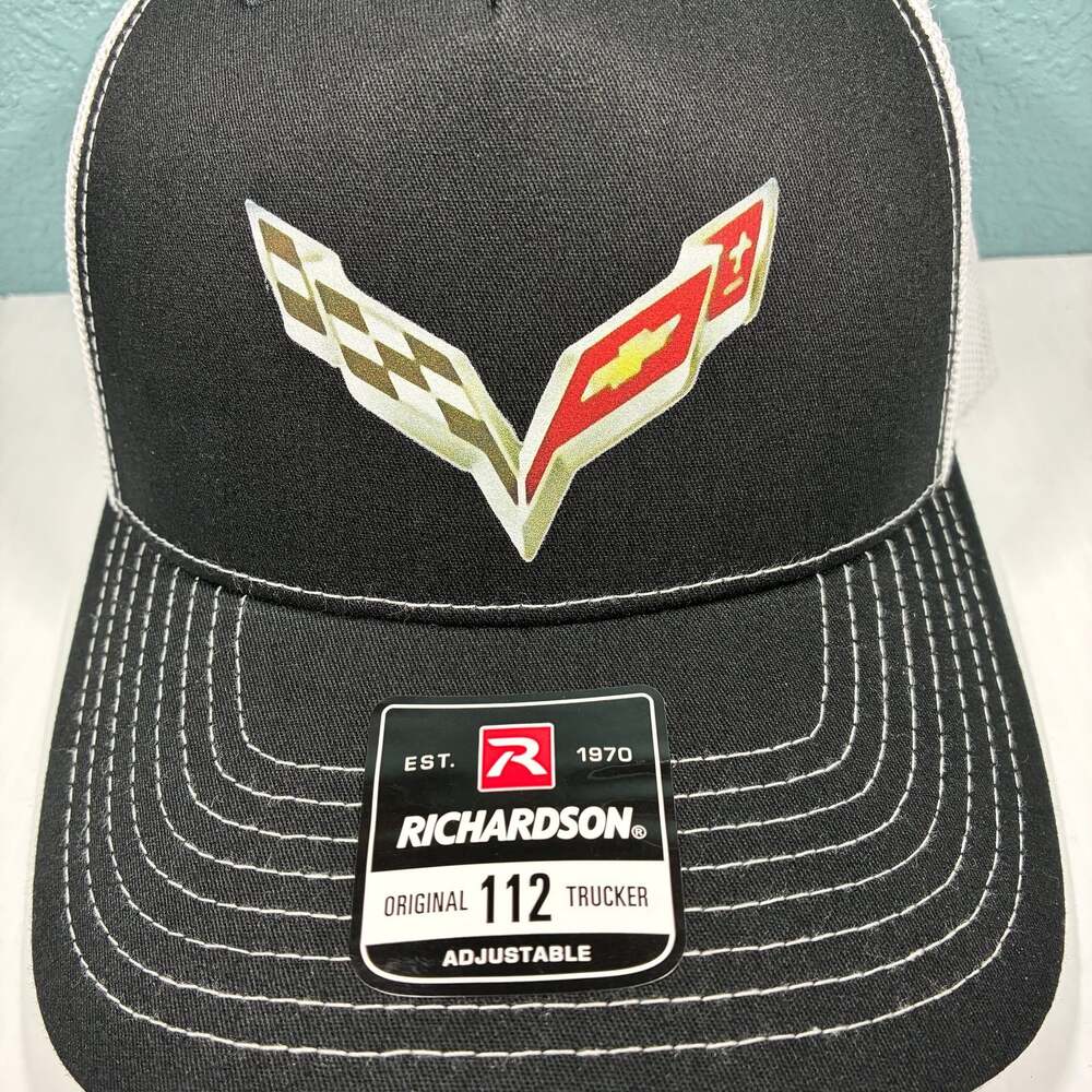 C7 Corvette Racing Mesh Back Trucker Hat Black and White Richardson 112
